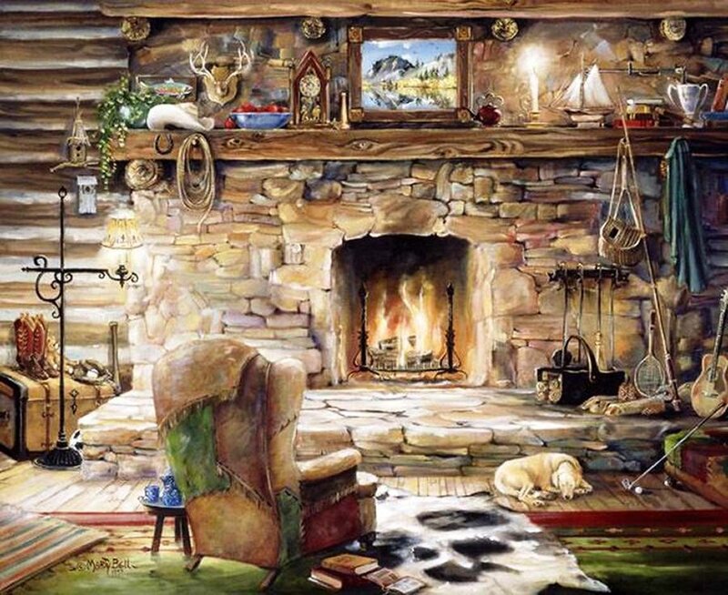 Dog Sleeping by Fireplace — Brown, Cozy, Painting