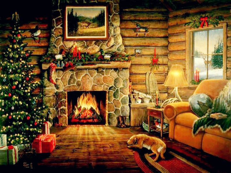 Dog Sleeping by Fireplace — Brown, Cozy, Winter, Painting, Christmas Tree, Couch