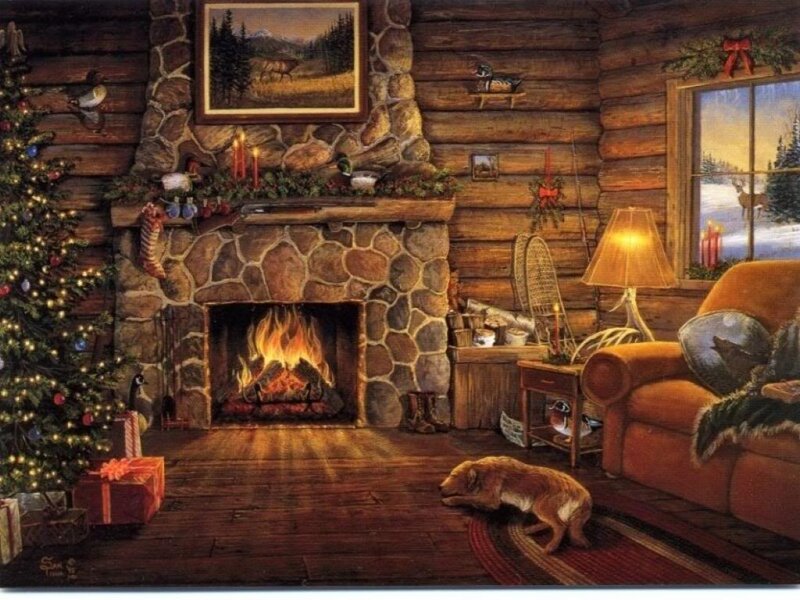 Dog Sleeping by Fireplace — Brown, Cozy, Winter, Painting, Christmas Tree