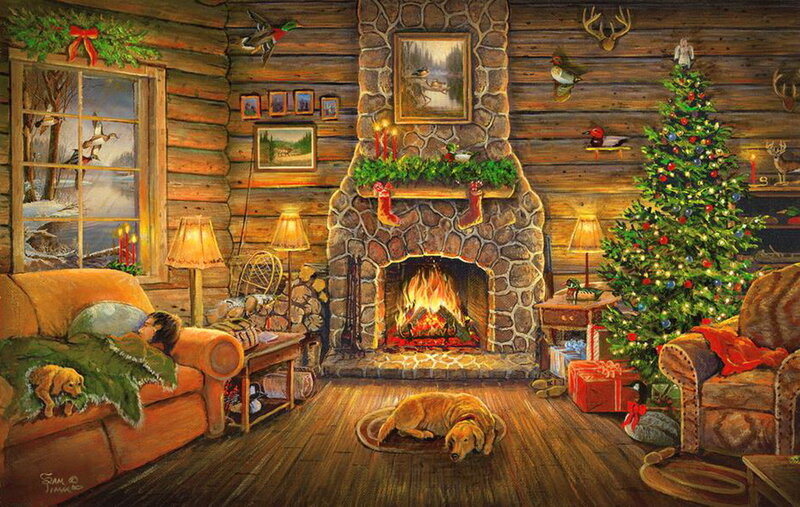 Dog Sleeping by Fireplace — Brown, Cozy, Winter, Painting