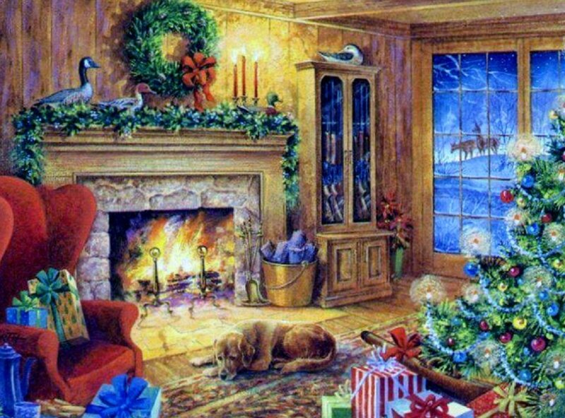 Dog Sleeping by Fireplace — Red, Cozy, Night, Painting