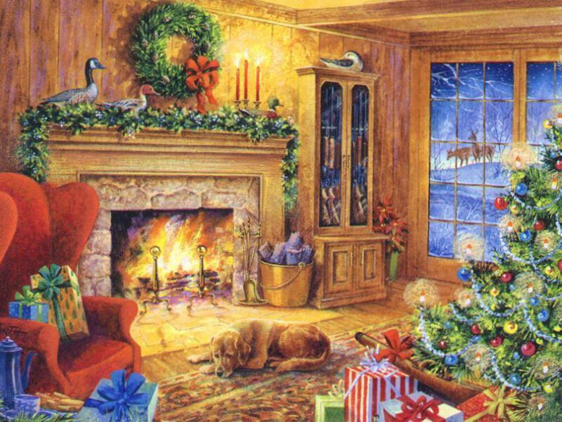 Dog Sleeping by Fireplace — Red, Cozy, Night