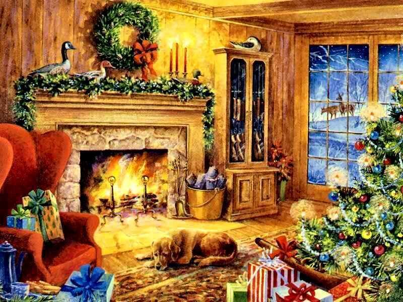 Dog Sleeping by Fireplace — Red