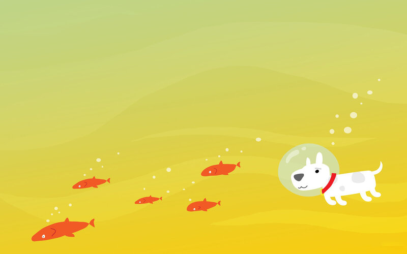 dog underwater with fish