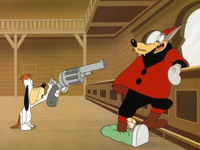 Dog with a gun confronts wolf