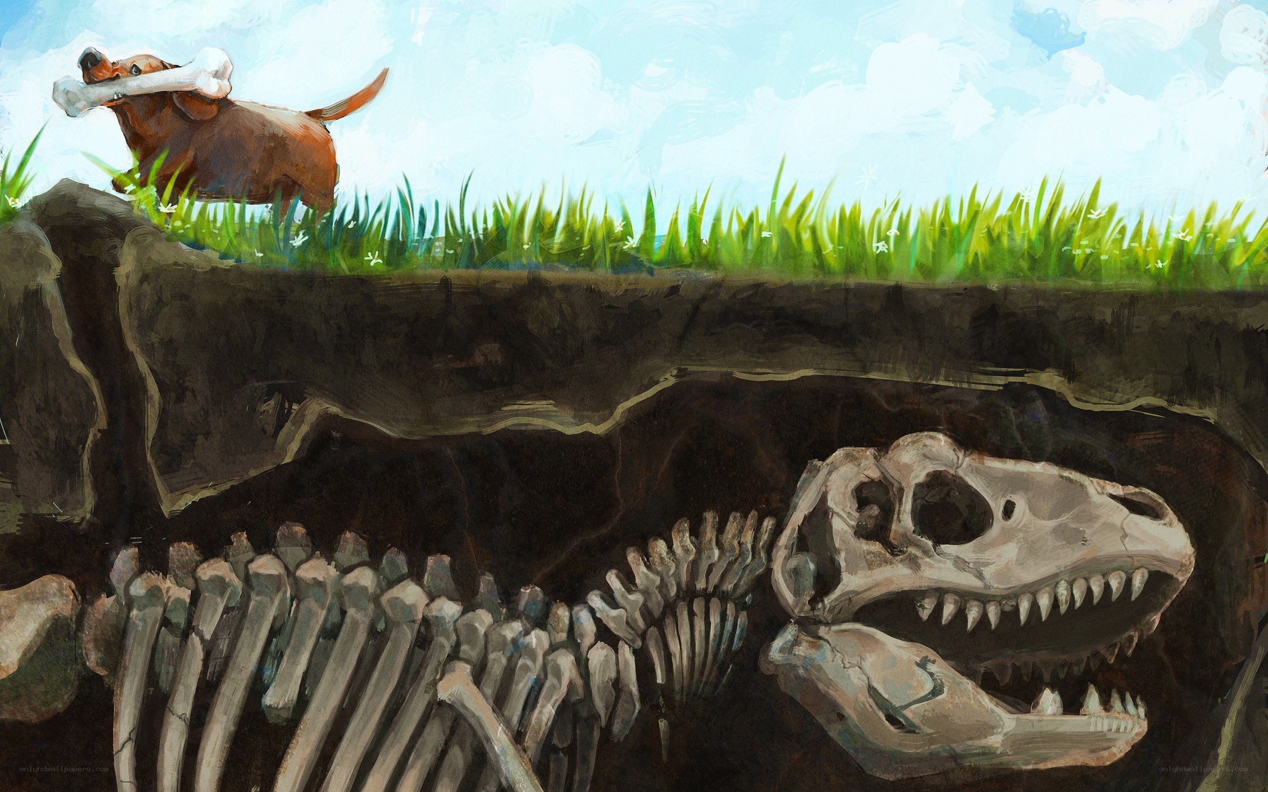 Dog with bone near dinosaur skeleton
