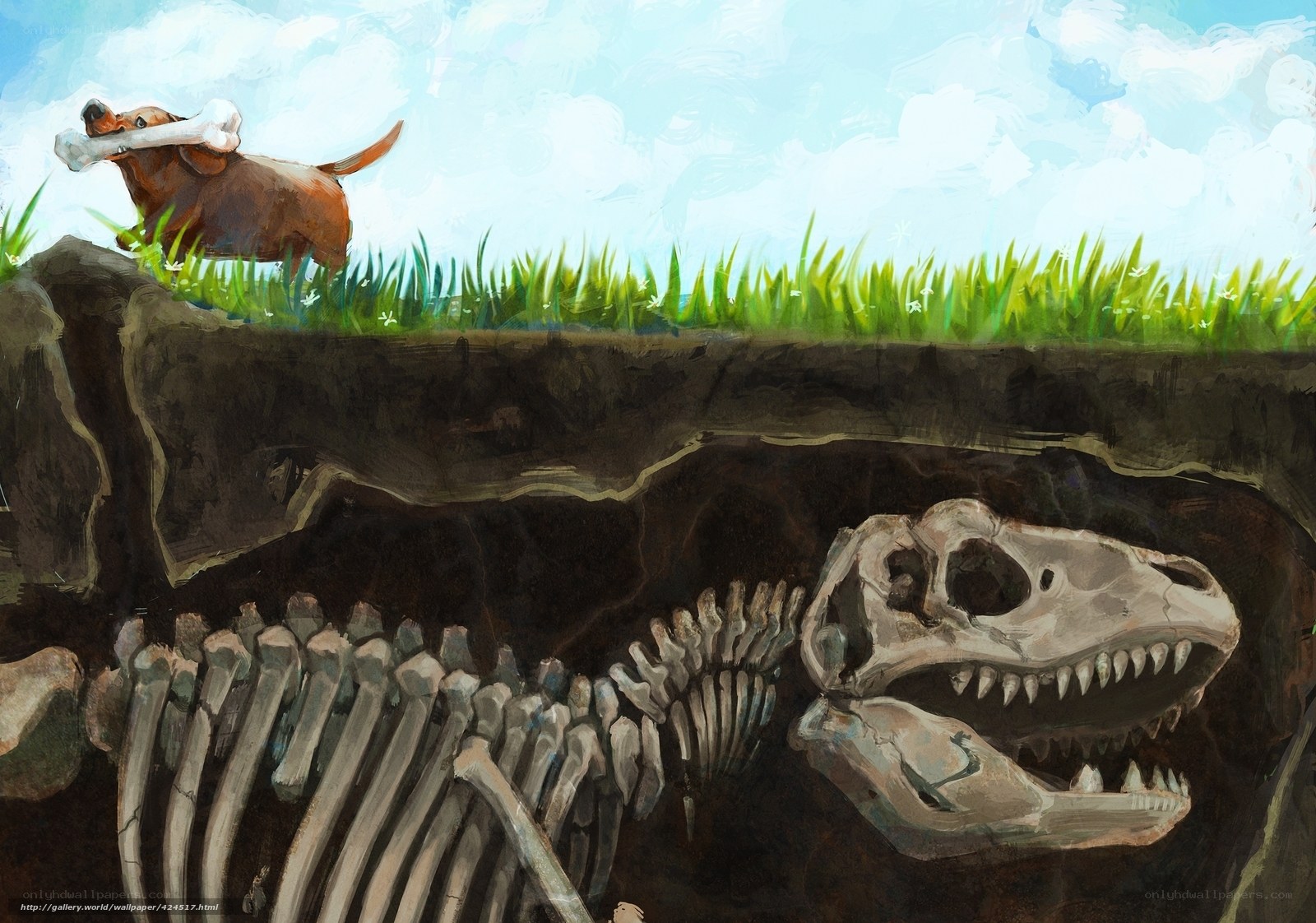 Dog with bone near dinosaur skeleton