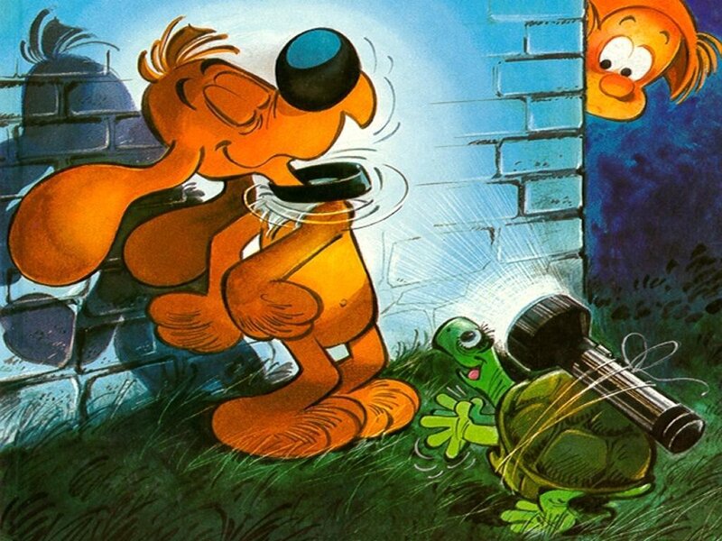 Dog with flashlight and turtle