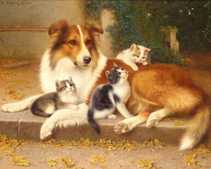 Dog with Kittens — Brown, Serene, Autumn