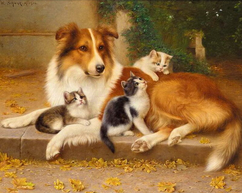 Dog with Kittens — Brown, Serene
