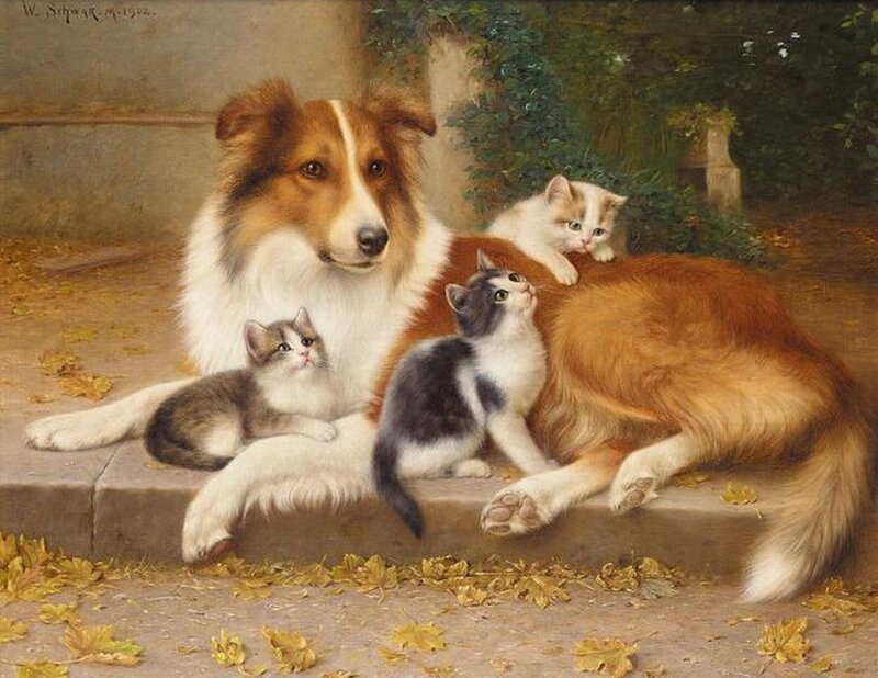 Dog with Kittens — Brown