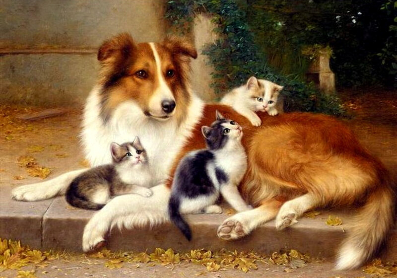 Dog with kittens painting
