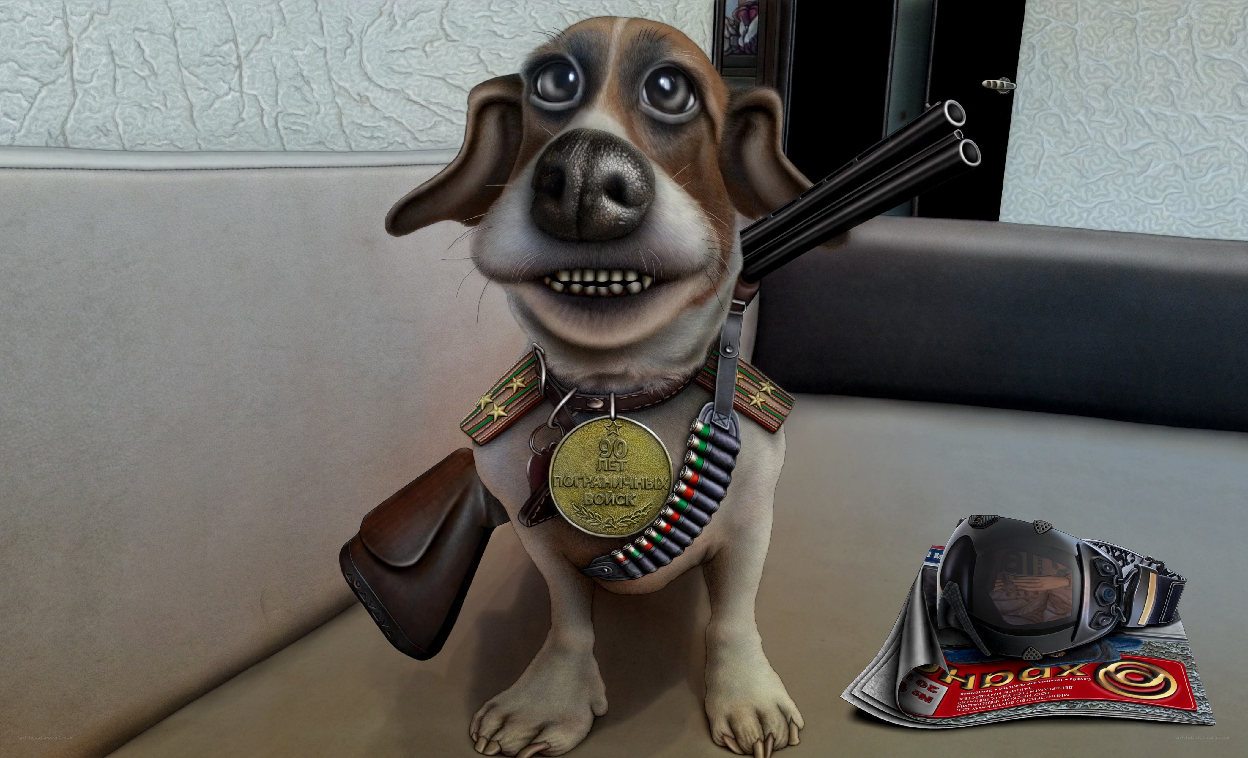 dog with medals and guns
