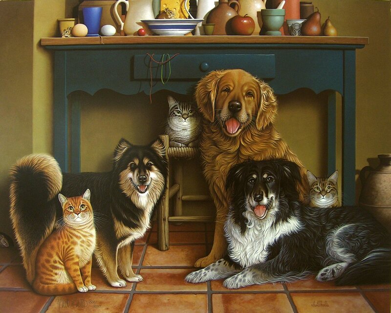 Dogs and Cats in Kitchen — Brown