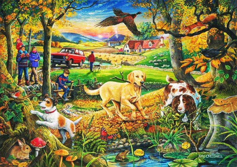 Dogs in Autumn Forest
