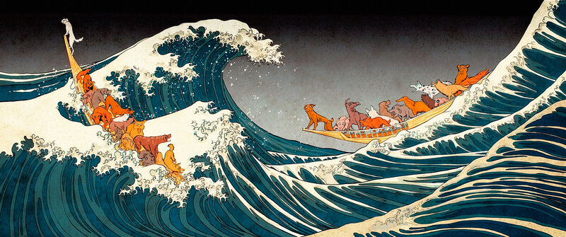 Dogs in Boats on Waves
