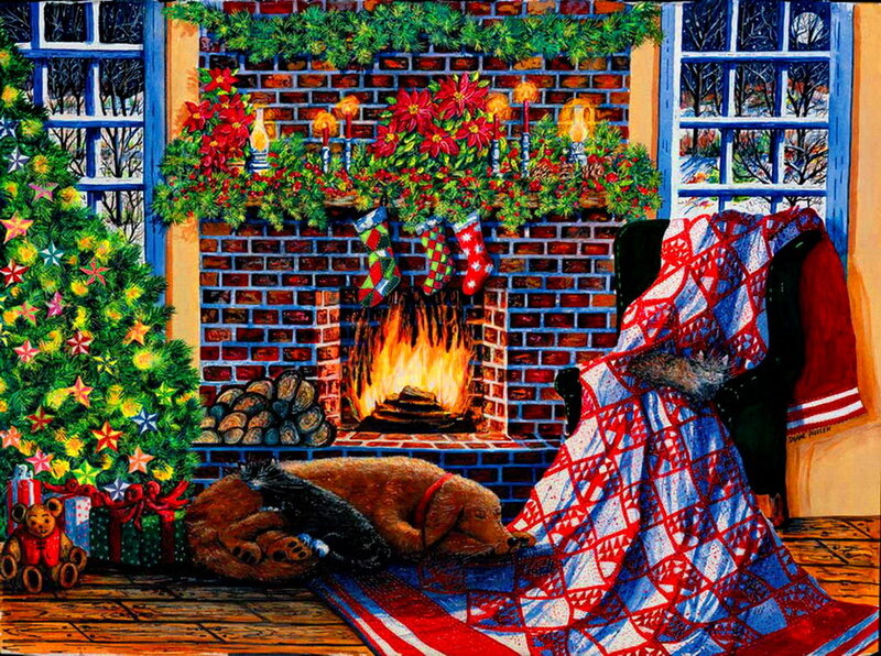 Dogs Sleeping by Fireplace