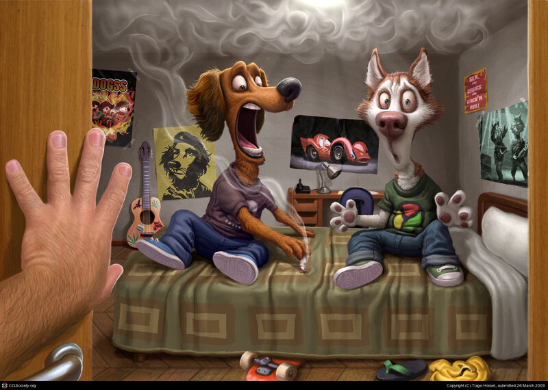 Dogs smoking in bedroom