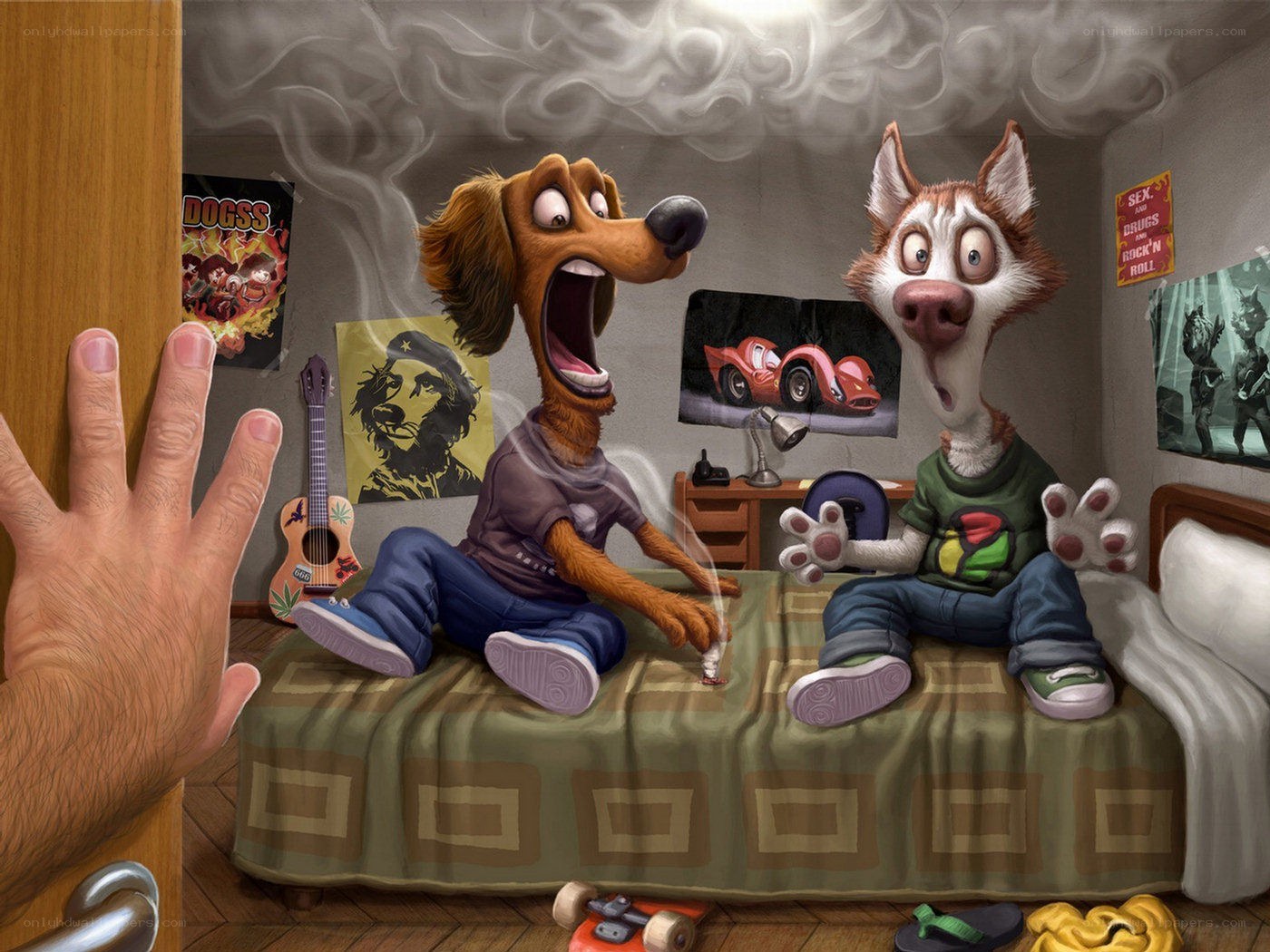 Dogs smoking on a bed
