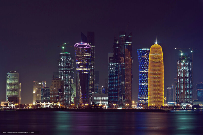 Doha Skyline at Night — Black, Dramatic, Photograph