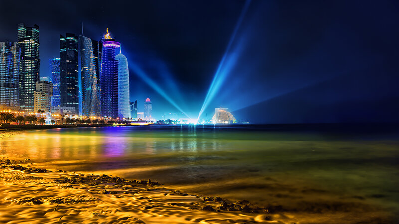 Doha Skyline at Night — Blue, Dramatic, Photograph, Skyscrapers