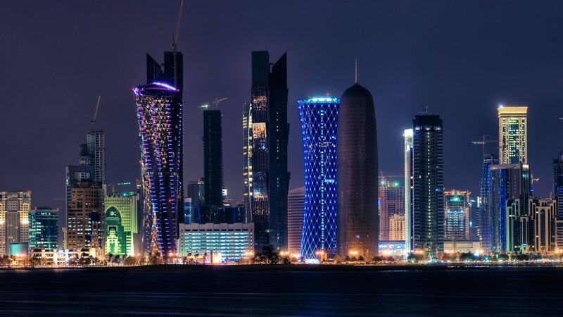 Doha Skyline at Night — Blue, Dramatic, Photograph, Skyscrapers, Water, City Lights