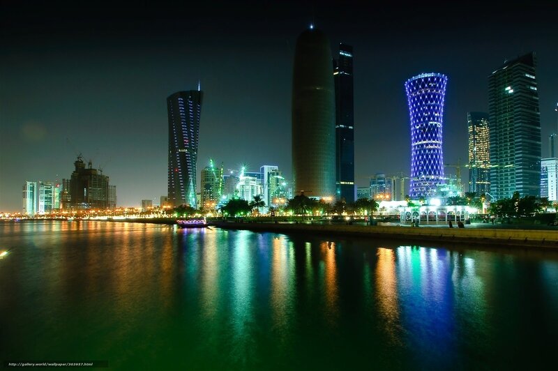 Doha Skyline at Night — Blue, Dramatic, Photograph, Skyscrapers, Water