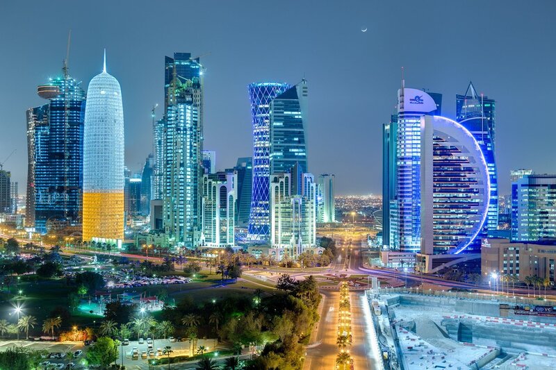 Doha Skyline at Night — Blue, Dramatic, Photograph