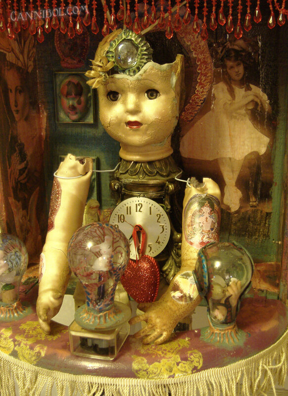 doll art installation with clock