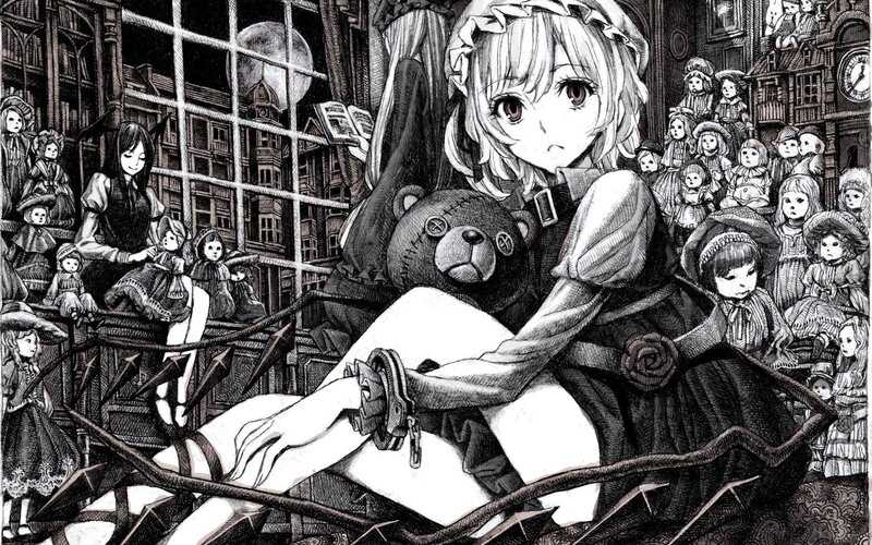 doll-filled library scene