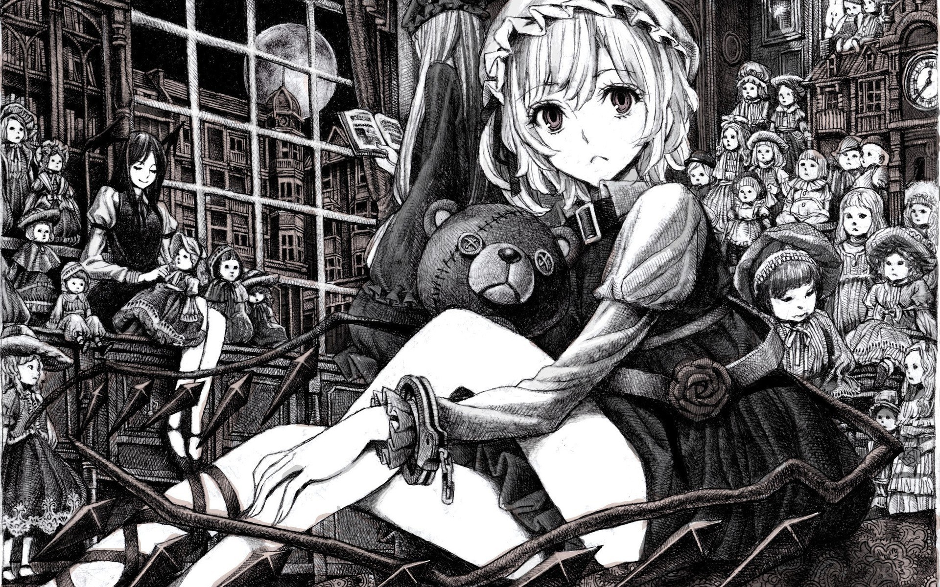 doll-filled library scene