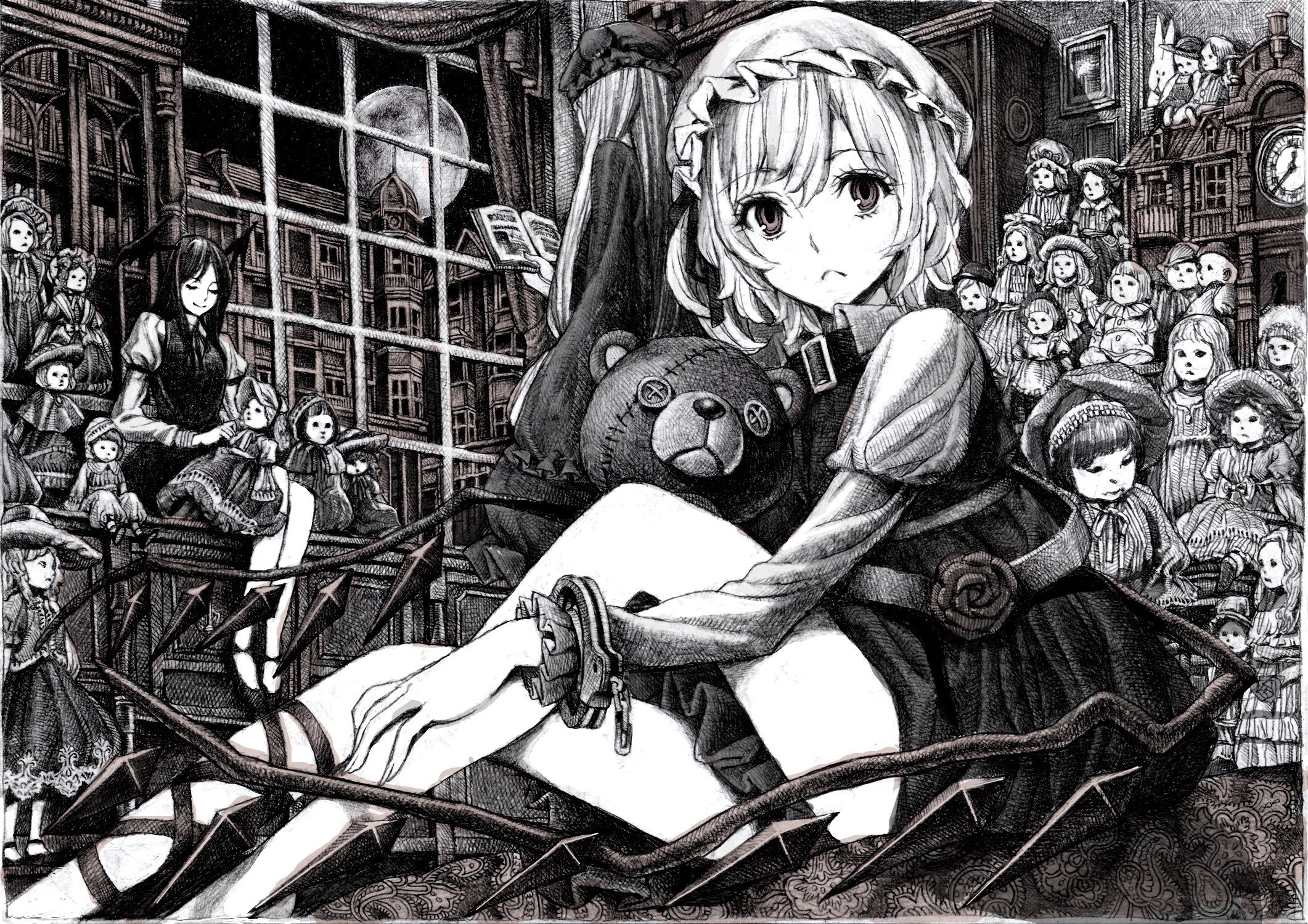 doll-filled library scene