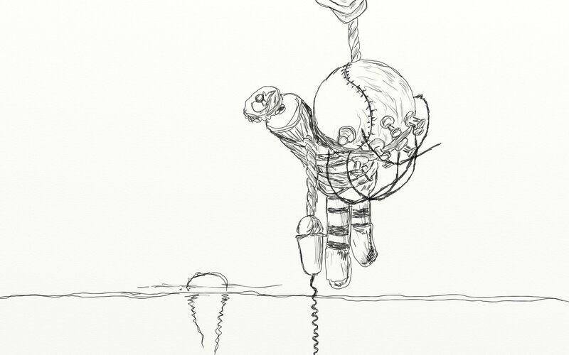 doll hanging over water