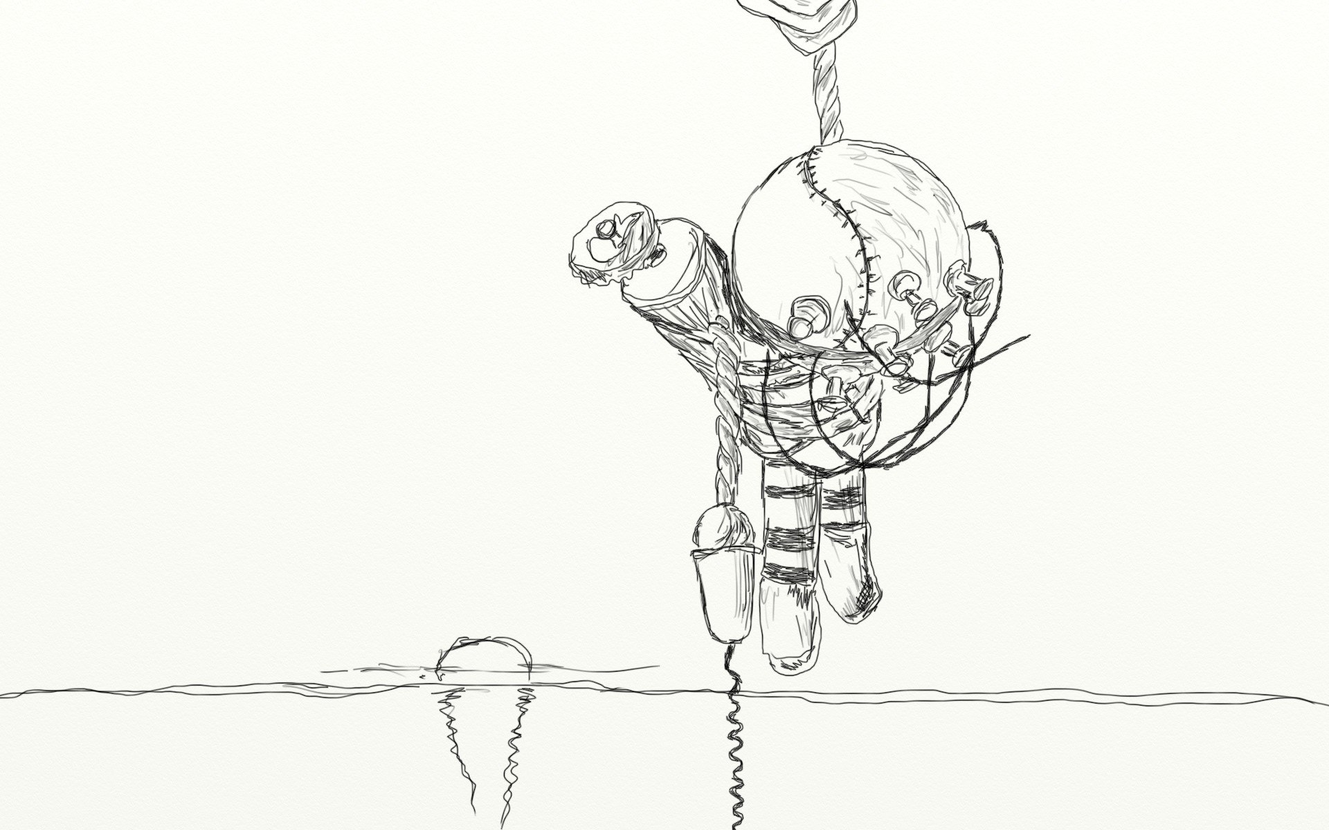 doll hanging over water