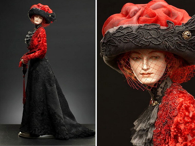 doll in red and black dress