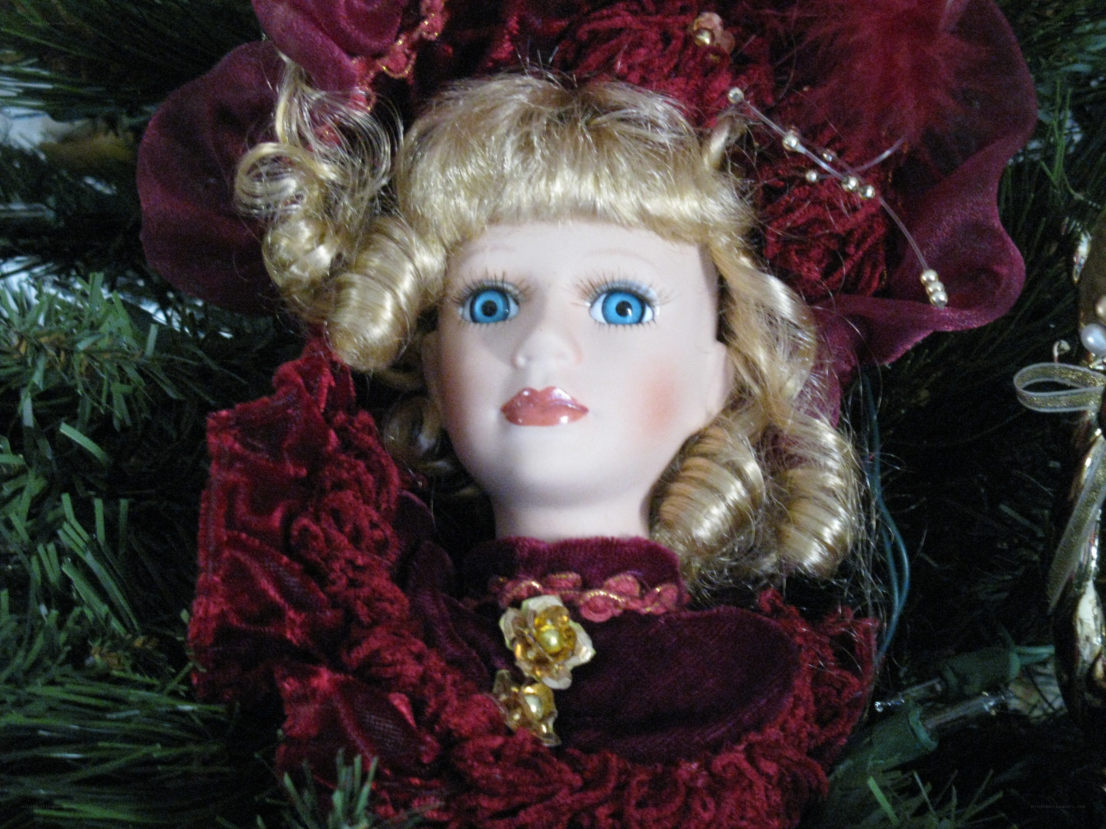 doll in red dress on tree