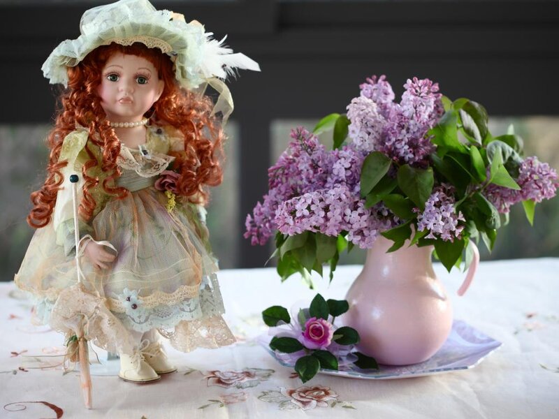 Doll with Lilac Flowers — Purple, Serene, Spring