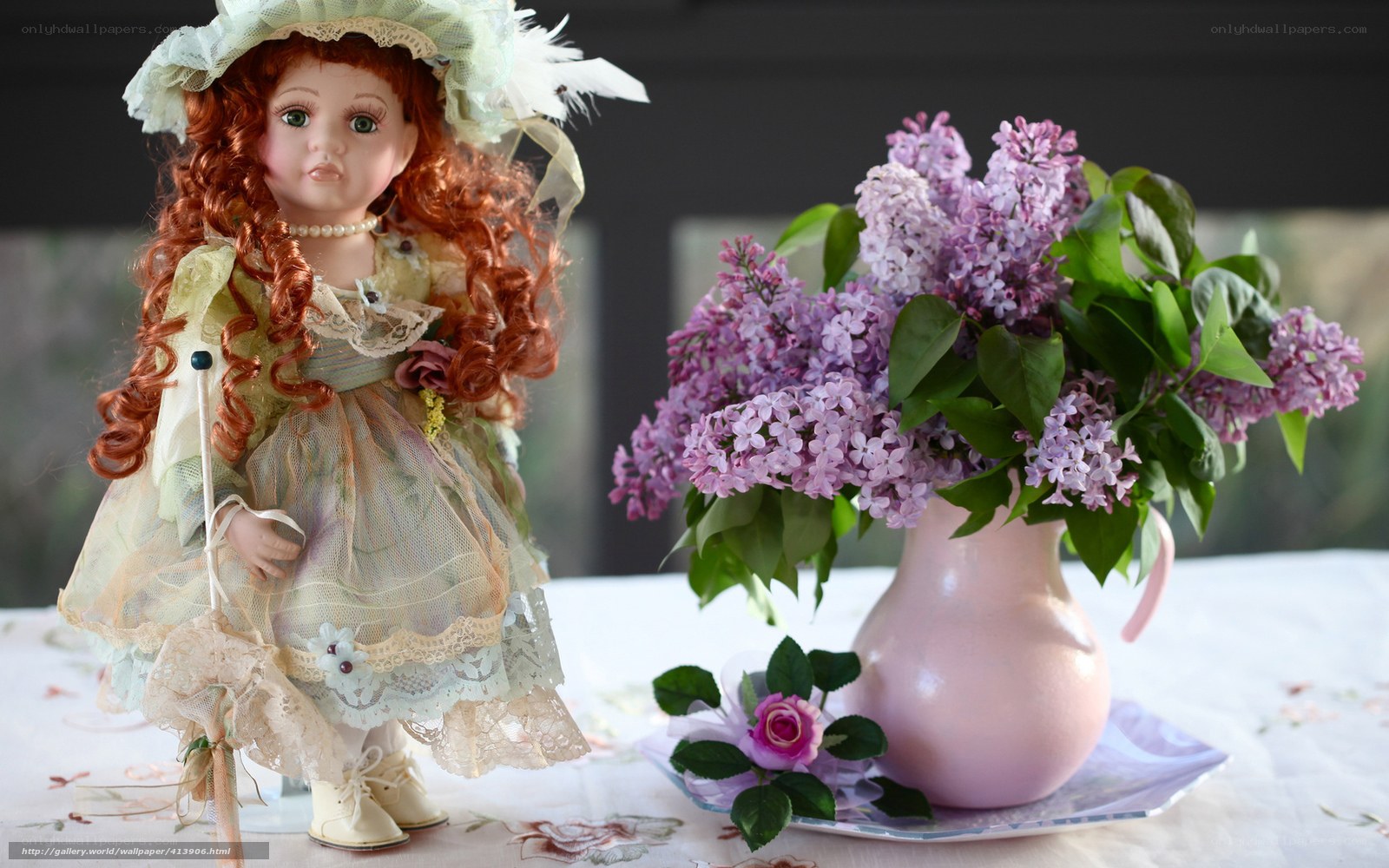 doll with lilac flowers