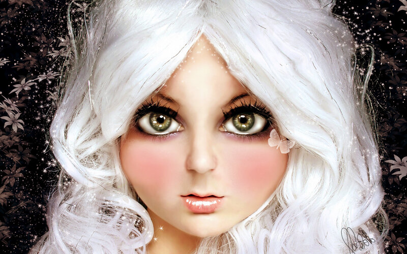 Doll with White Hair — Dreamy, Digital Art, Green Eyes