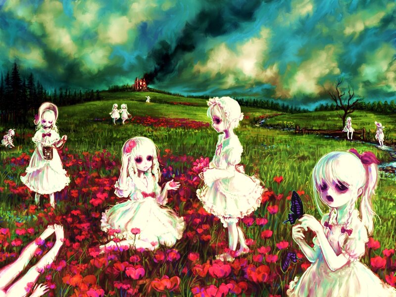 Dolls in a field of flowers