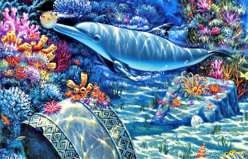 Dolphin in Coral Reef — Blue, Vibrant, Painting