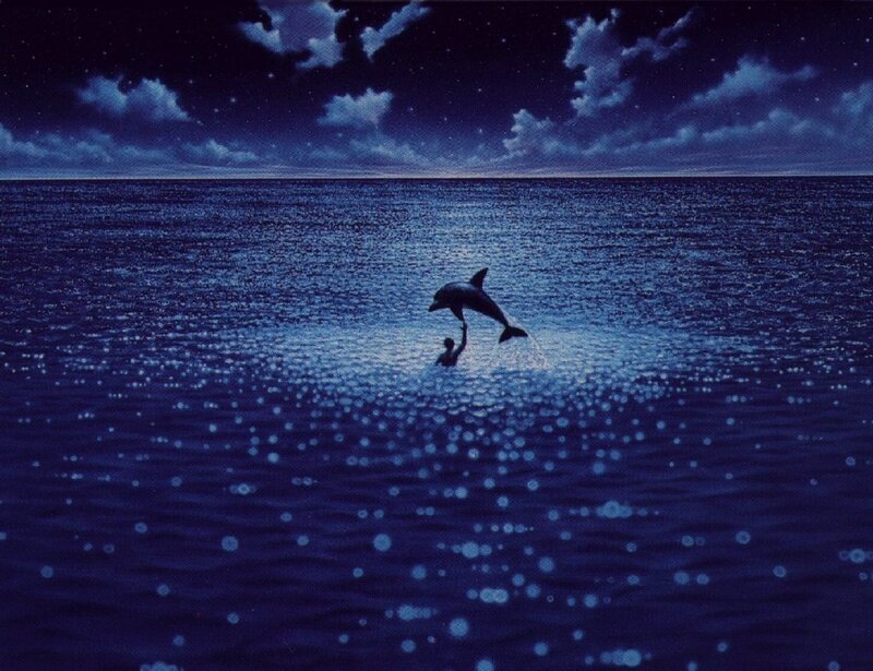 Dolphin Jumping at Night — Blue, Serene, Digital Art, Person