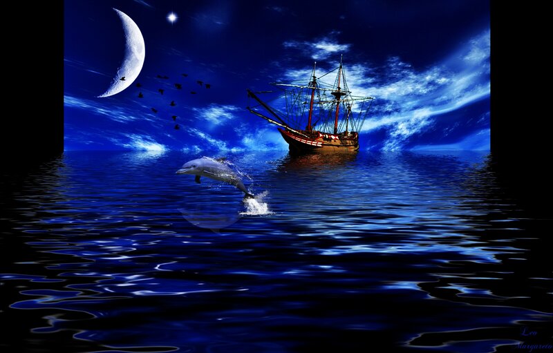 Dolphin Jumping at Night — Blue, Serene, Digital Art, Ship