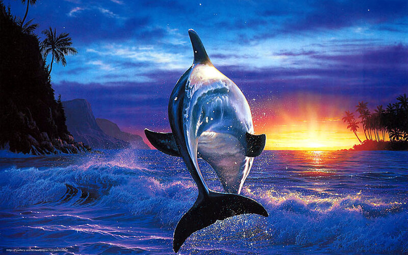 Dolphin Jumping at Sunset — Blue, Dramatic, Digital Art