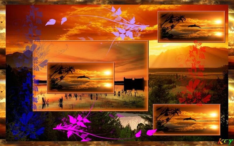 Dolphin Jumping at Sunset — Orange, Serene, Digital Art, Palm Trees