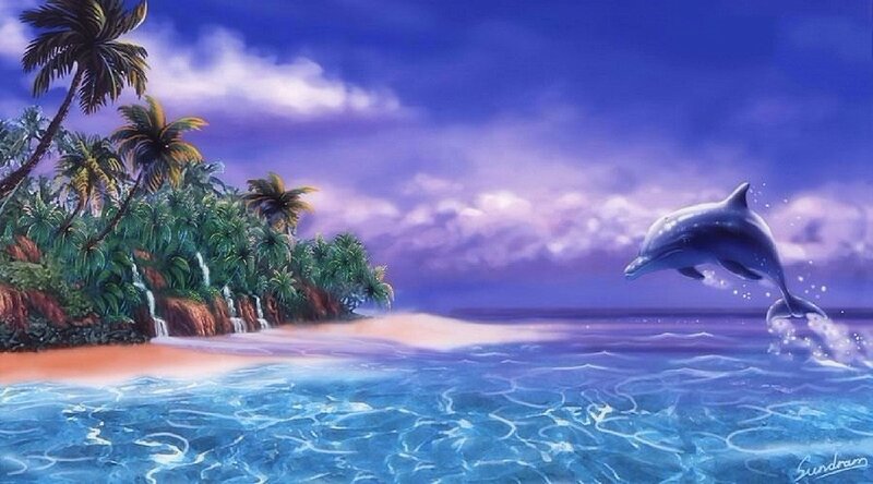 Dolphin Jumping in Ocean — Blue, Serene, Afternoon, Digital Art, Palm Trees