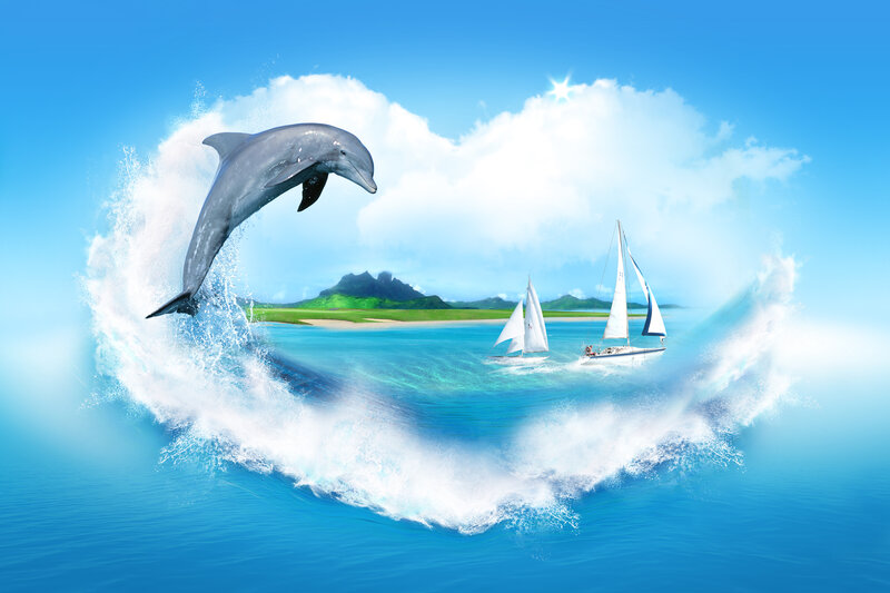 Dolphin Jumping in Ocean — Blue, Serene, Afternoon, Digital Art