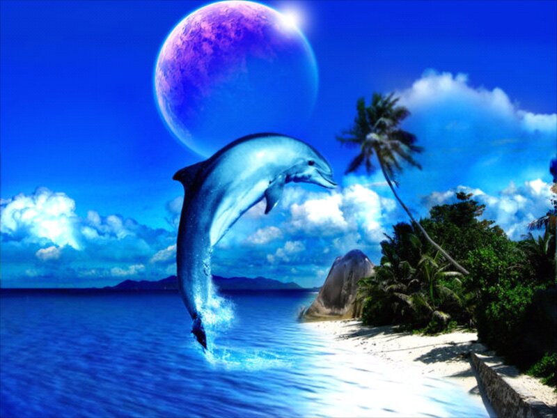 Dolphin Jumping in Ocean — Blue, Serene, Night, Digital Art, Moon