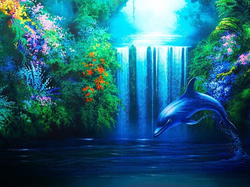 Dolphin Jumping in Waterfall — Blue