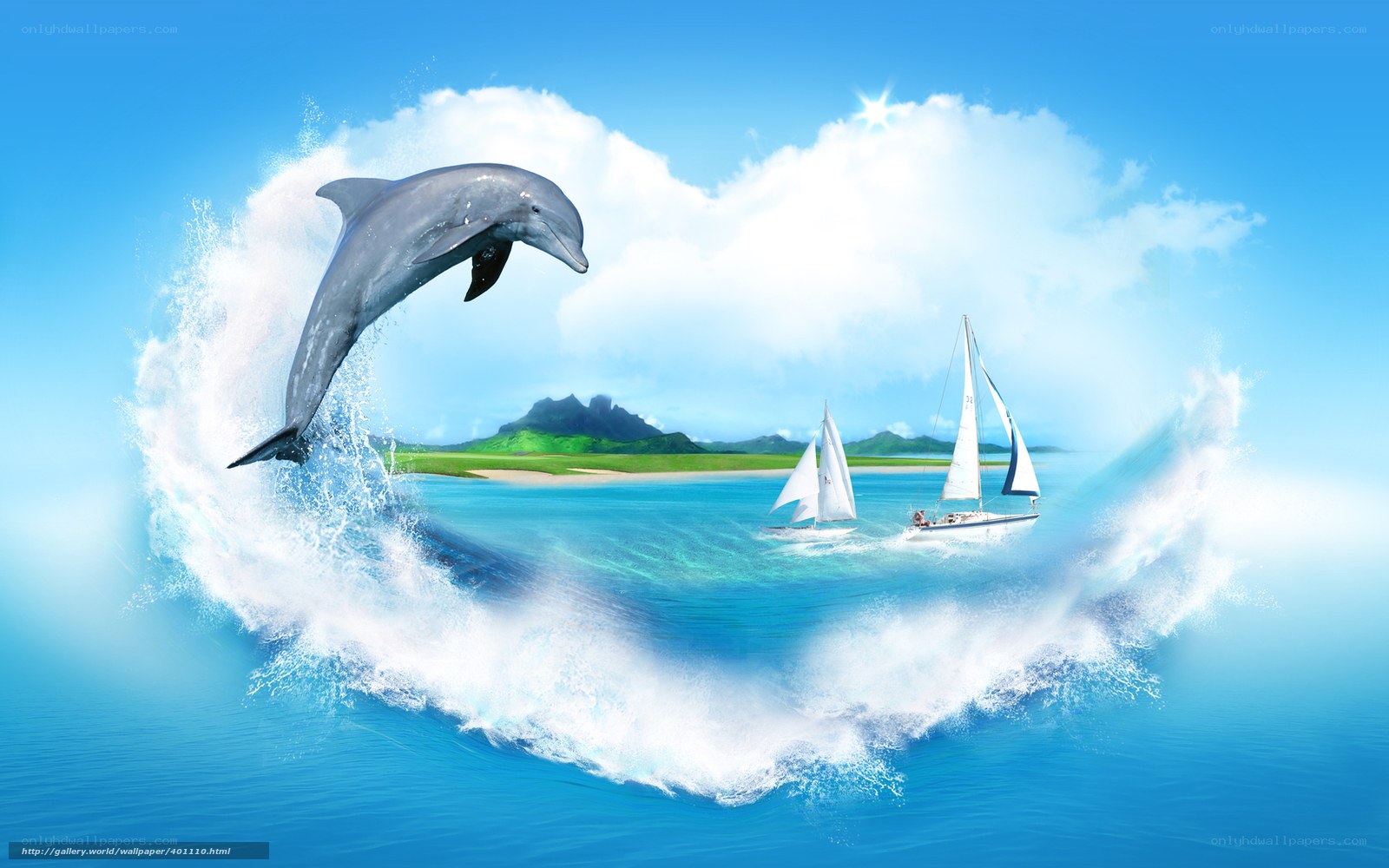 Dolphin leaping in heart-shaped wave